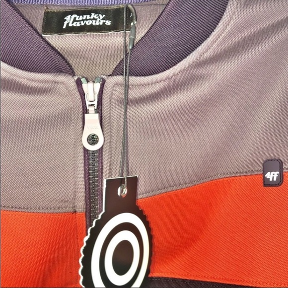 4 Funky Flavours Can’t Hold Back Taupe Purple & Orange Color Block Jacket SzL - Picture 16 of 16